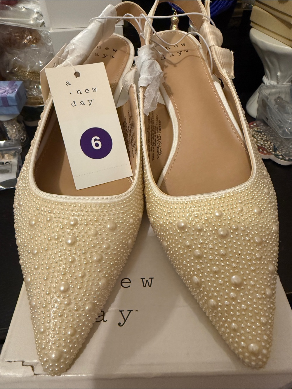 a new day Cream Pearl-Embellished Pointed Toe Slingback Flats